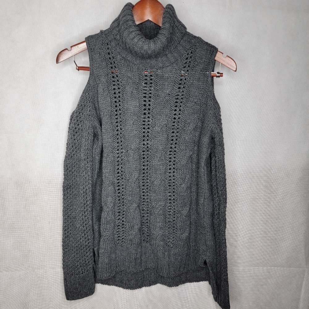 American Eagle Sweater Charcoal Gray Cold Shoulder Turtleneck Cable Knit USA M